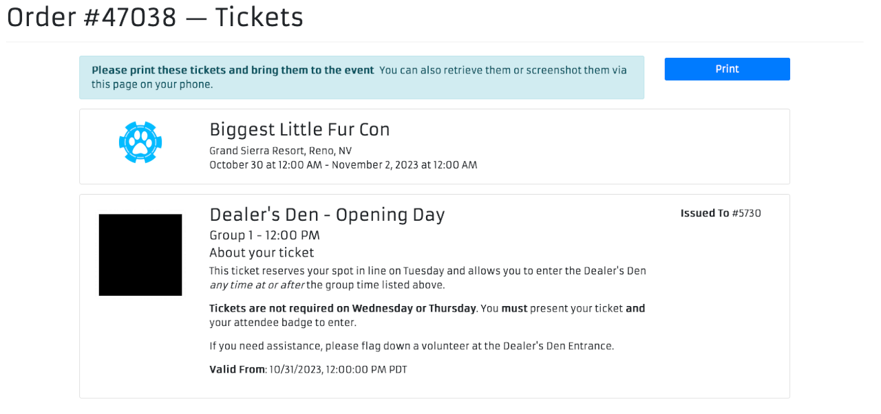Screenshot of obtaining a Dealers Den entry ticket in ConCat