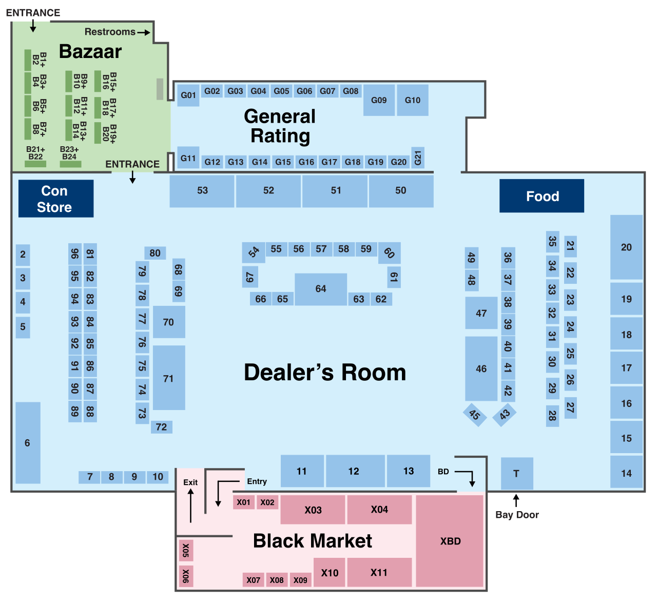 Map of the Dealers Den, Bazaar, General Rating area and Black Market, with tables and booths numbered.