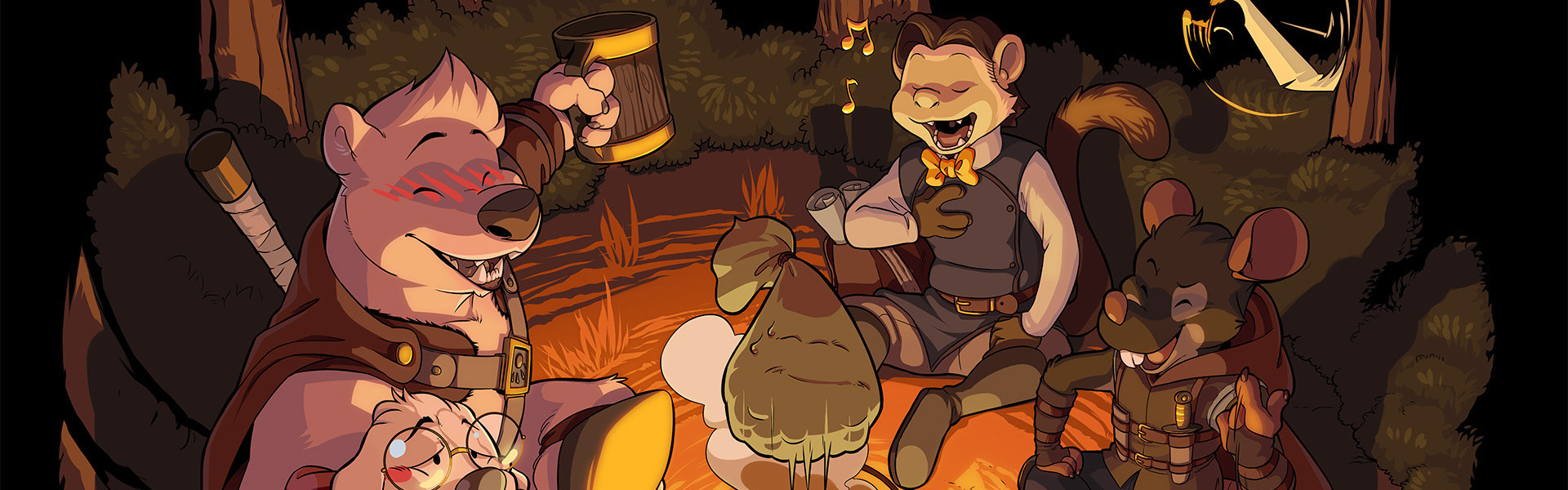 Our adventurers, Arden, Bata, Sam, and Zaus, enjoying some peace and quiet by a campfire.