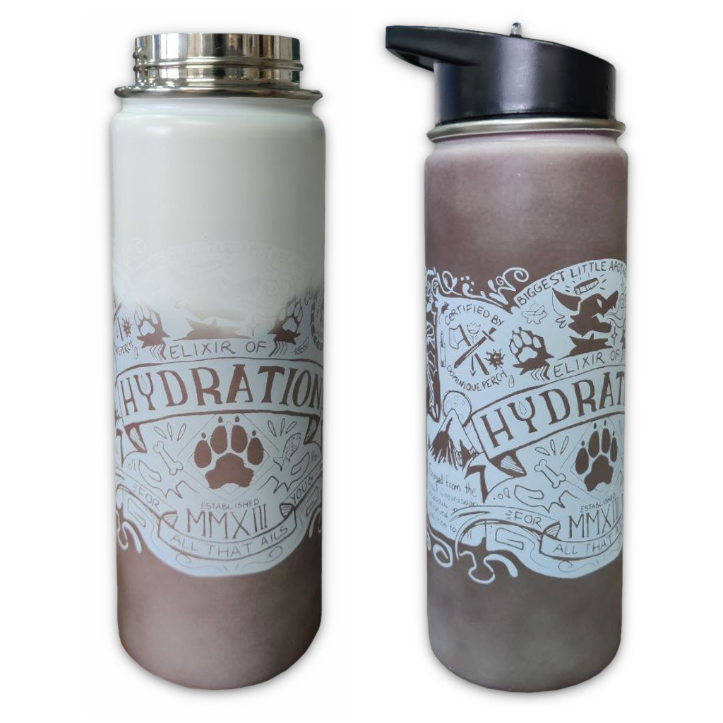 Two images of the color changing bottle: One half changed, and the other fully changed revealing the "Elixir of Hydration" design on it.