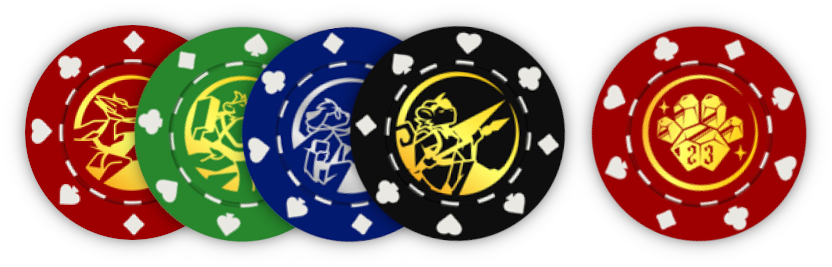 Poker chips in red, green, blue, and black, featuring different designs.