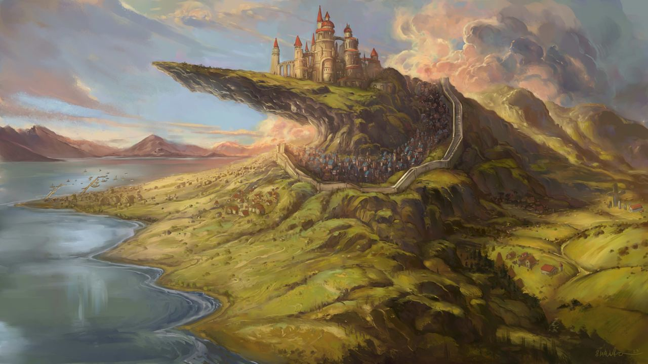 Illustration by SixthLeafClover featuring a castle on a spike-shaped cliff.
