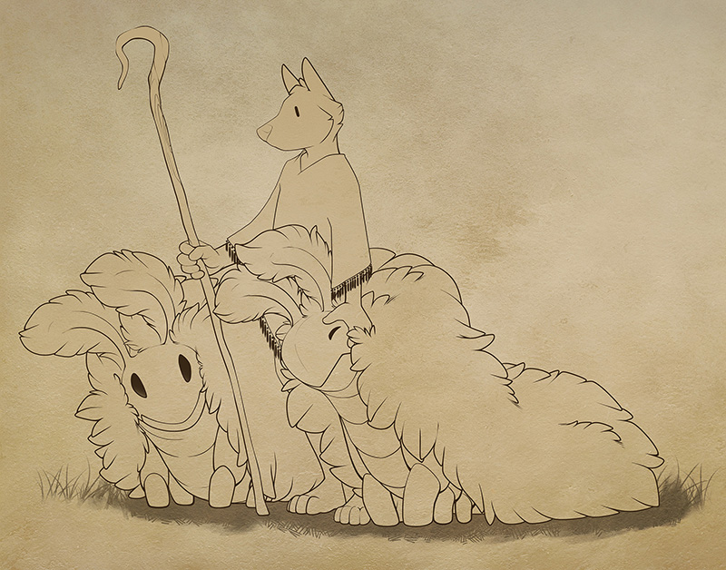 Sketch depicting a silkie with a rancher.