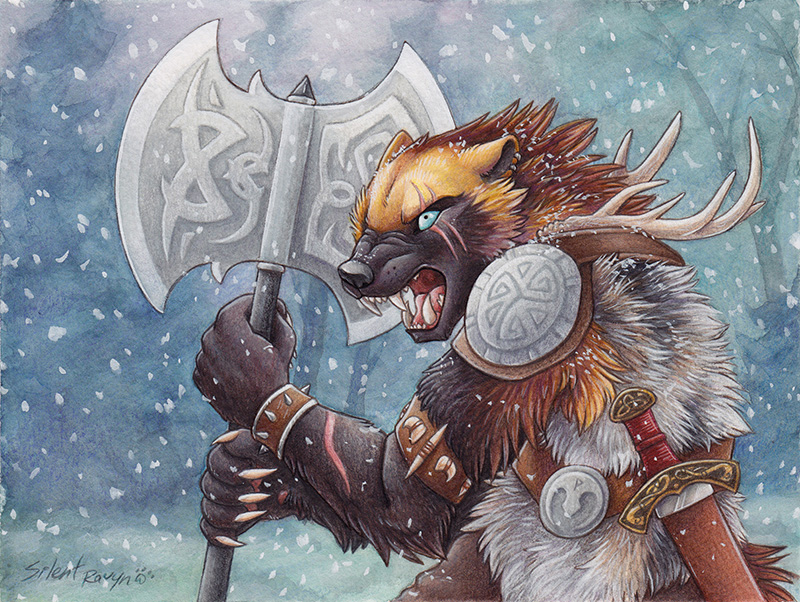 Amans warrior in a field of snow, snarling at their target while wielding a battle axe.