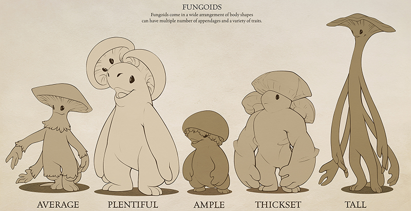 Sketch depicting the Fungoid people, showing a variety of them from normal to tall, stocky to short.